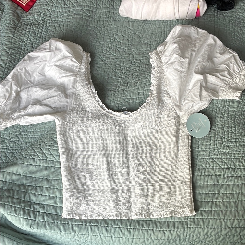 Hill House Cream Puff Sleeve Smocked Blouse NWT